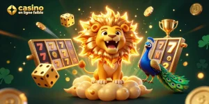 Visuel dynamique de casino en ligne fiable avec un lion puissant au centre, entouré de symboles de jeux et de jackpots éclatants.