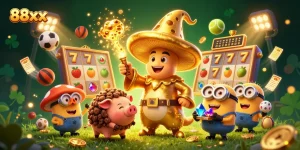 Spin the reels at 88xx, featuring a magical golden mushroom wizard amidst vibrant casino elements.