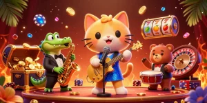 Illustrez le nouveau casino en ligne avec des personnages animés chantant et jouant dans un décor vibrant.