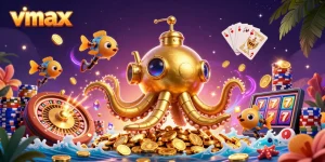 Experience the thrill of vmax casino gaming with a golden kraken submarine amidst sparkling coins and vibrant game elements.